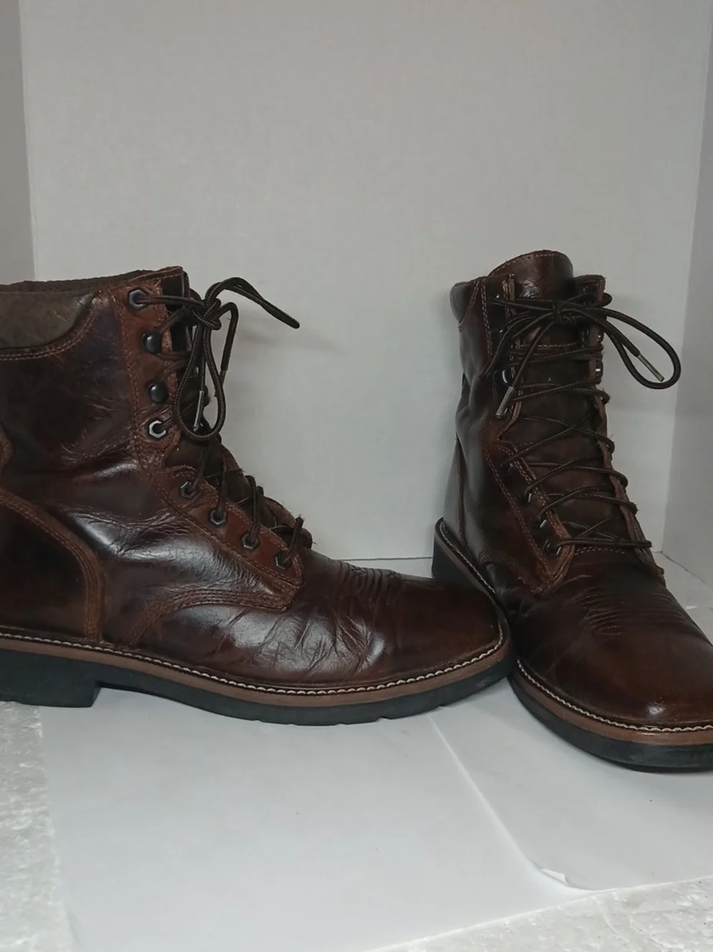 Justin Boots Mens 10.5 D Leather WK681 Square Toe Stampede Lace Up Work Western